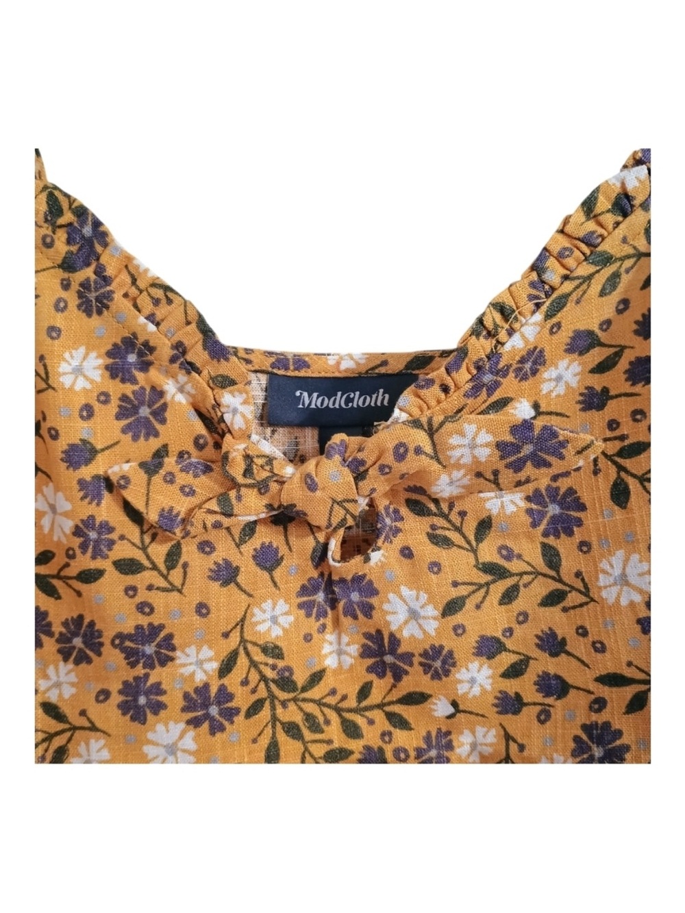 Modcloth Linen Blend Floral Spaghetti Strap Top Gold Purple - Picture 2 of 3